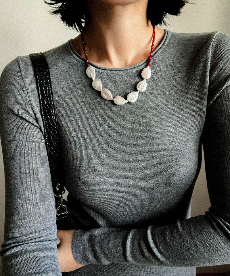 Natural Baroque Pearl & Red Garnet Necklace - floysun