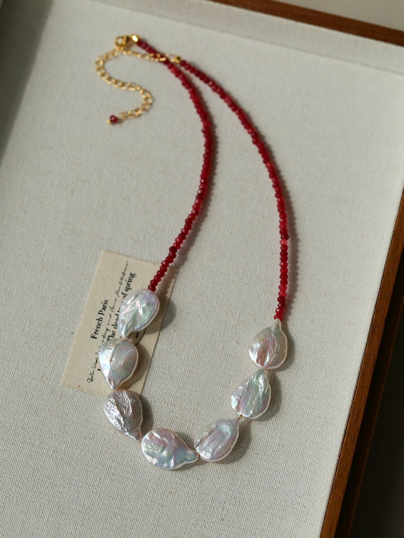 Natural Baroque Pearl & Red Garnet Necklace - floysun