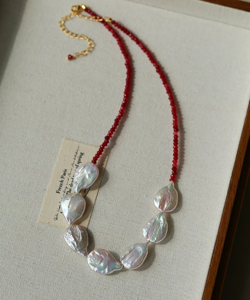 Natural Baroque Pearl & Red Garnet Necklace - floysun