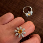 Natural Citrine Daisy Flower Ring - Handcrafted Radiant Sunflower Statement Band - floysun