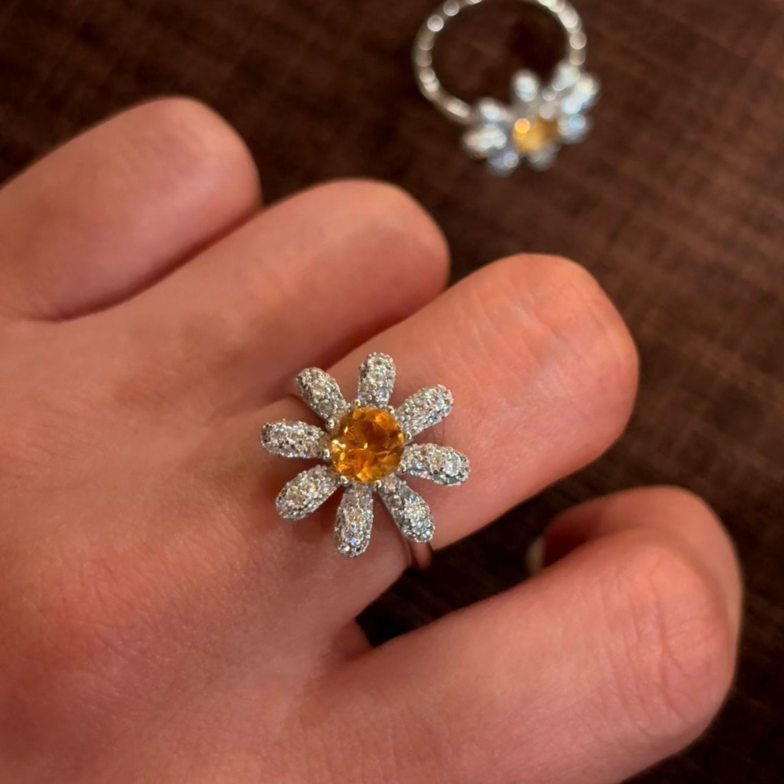 Natural Citrine Daisy Flower Ring - Handcrafted Radiant Sunflower Statement Band - floysun