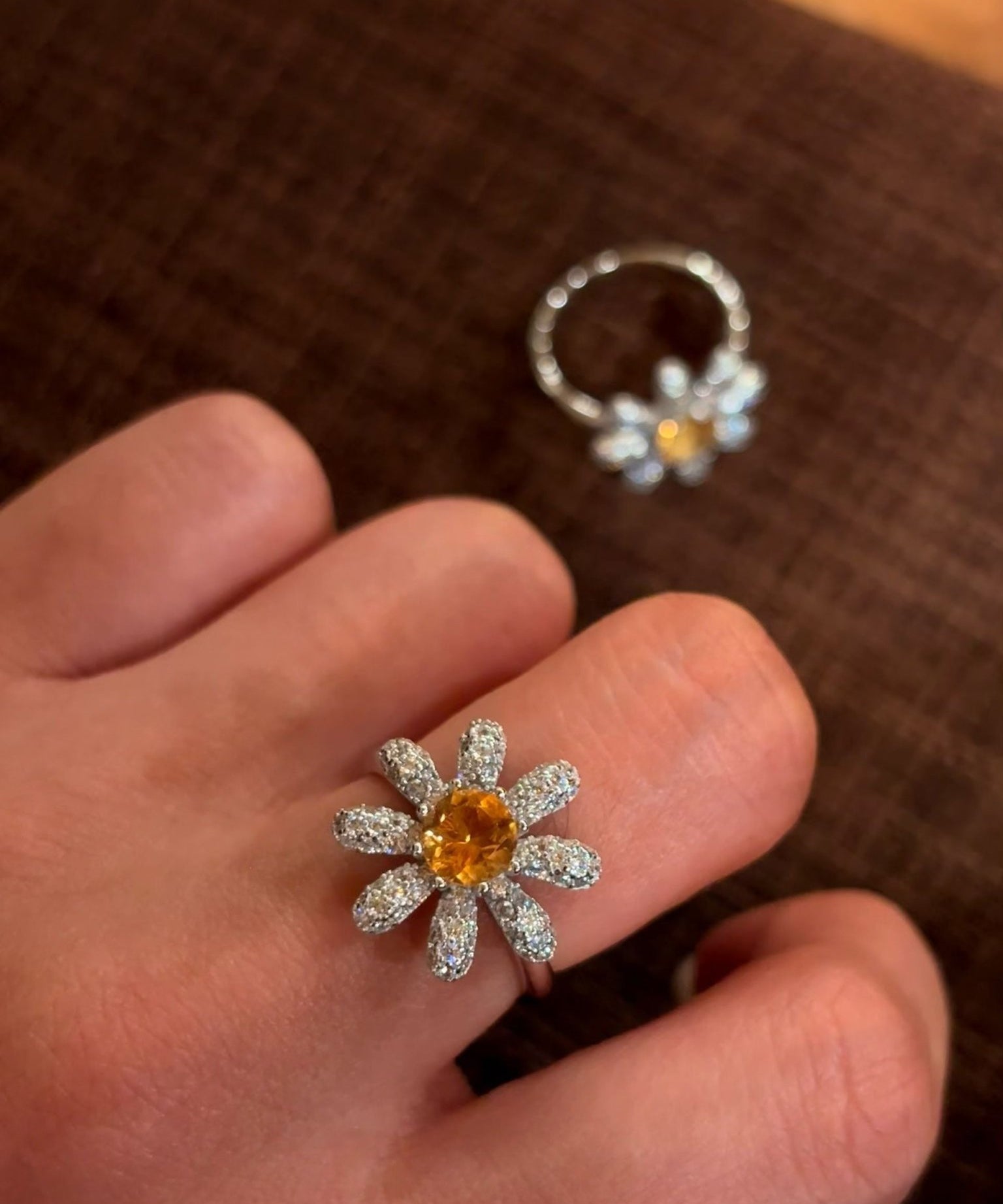 Natural Citrine Daisy Flower Ring - Handcrafted Radiant Sunflower Statement Band - floysun