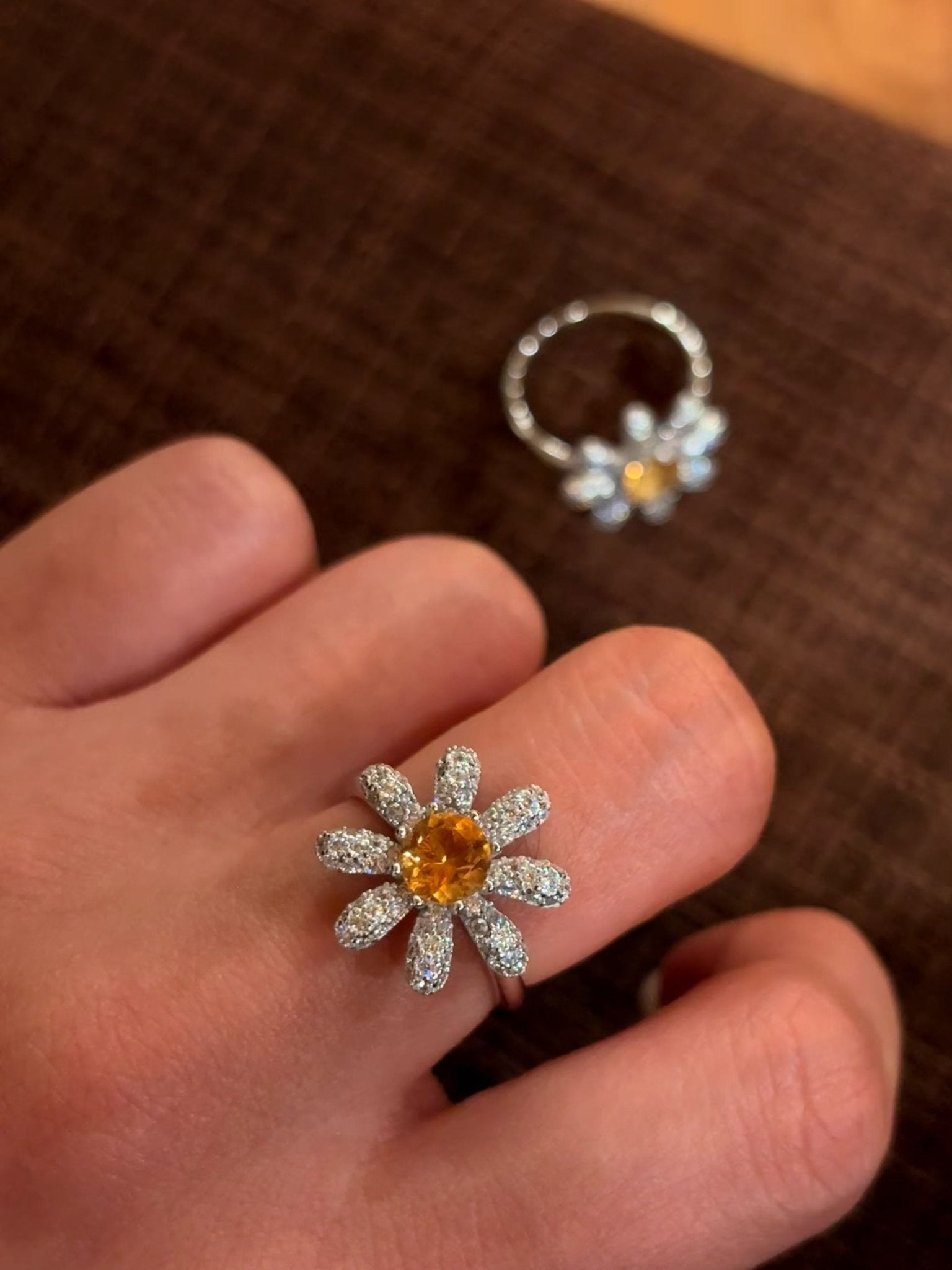 Natural Citrine Daisy Flower Ring - Handcrafted Radiant Sunflower Statement Band - floysun