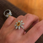 Natural Citrine Daisy Flower Ring - Handcrafted Radiant Sunflower Statement Band - floysun