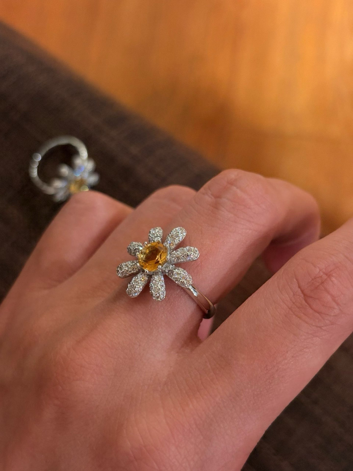 Natural Citrine Daisy Flower Ring - Handcrafted Radiant Sunflower Statement Band - floysun