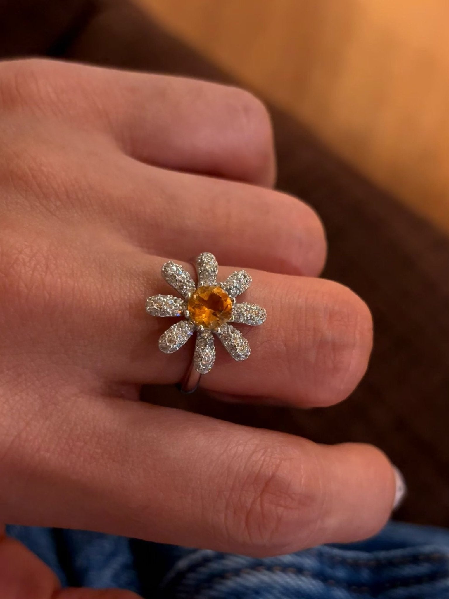 Natural Citrine Daisy Flower Ring - Handcrafted Radiant Sunflower Statement Band - floysun