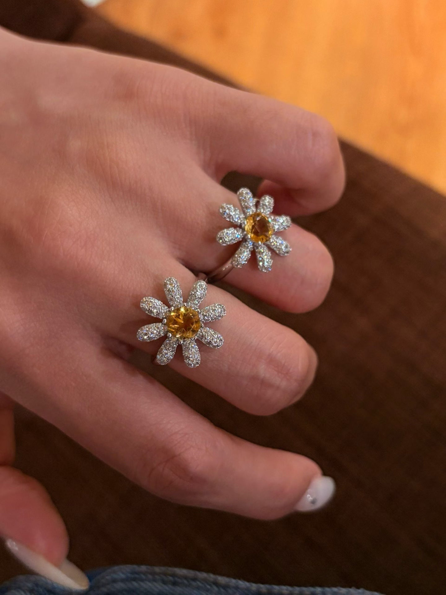 Natural Citrine Daisy Flower Ring - Handcrafted Radiant Sunflower Statement Band - floysun