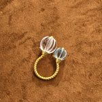 Natural Crystal Pumpkin Bead Ring Adjustable Twisted Band - Clear Quartz with Blue Topaz - floysun