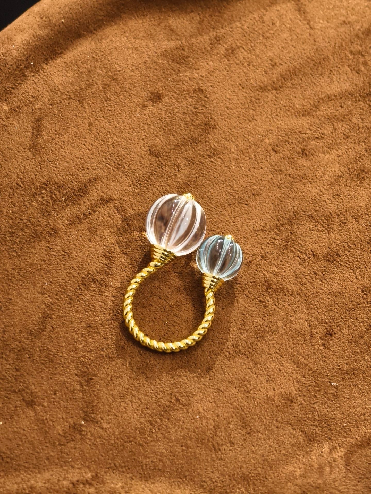 Natural Crystal Pumpkin Bead Ring Adjustable Twisted Band - Clear Quartz with Blue Topaz - floysun