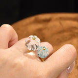 Natural Crystal Pumpkin Bead Ring Adjustable Twisted Band - Clear Quartz with Blue Topaz - floysun