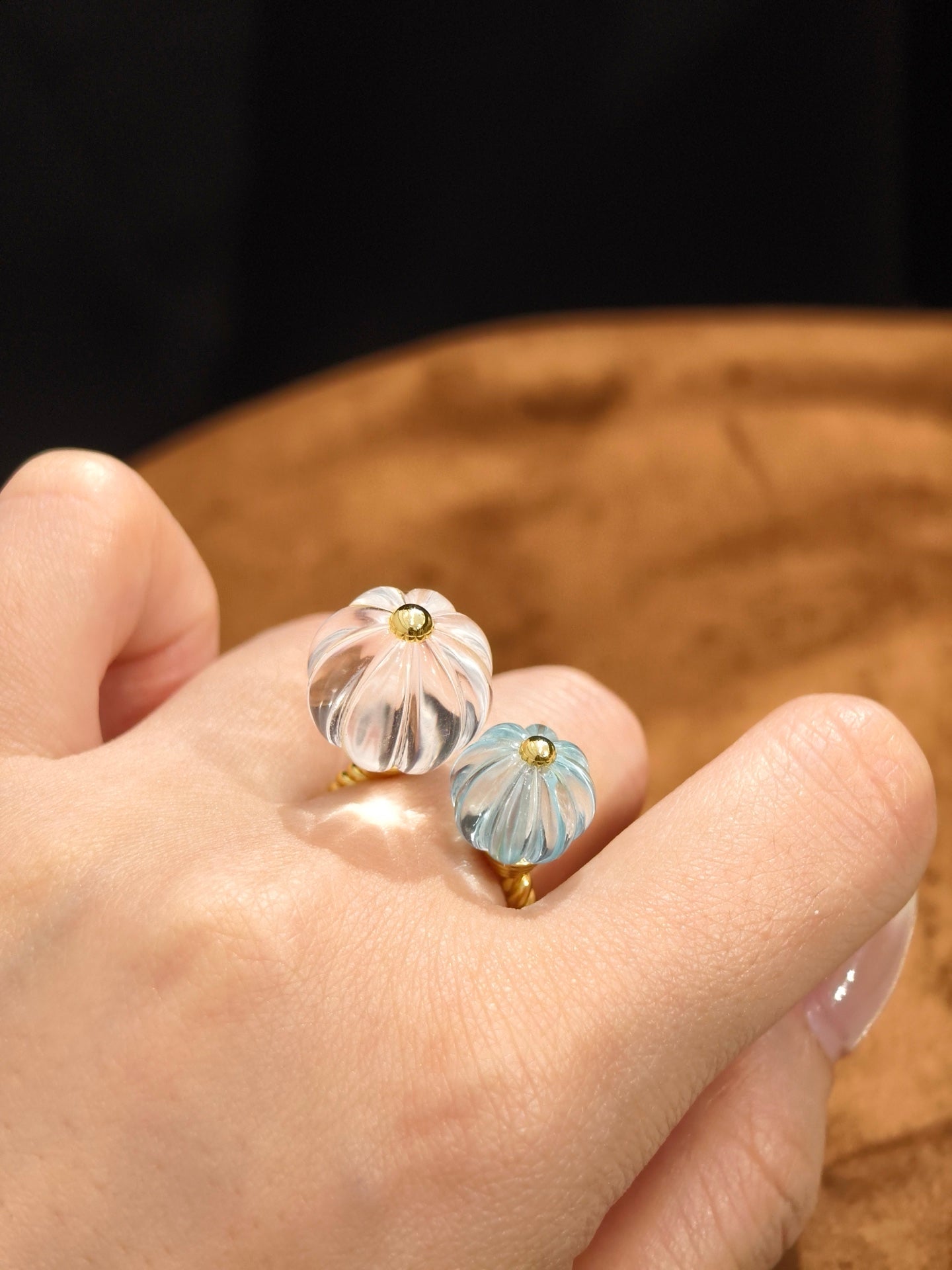 Natural Crystal Pumpkin Bead Ring Adjustable Twisted Band - Clear Quartz with Blue Topaz - floysun
