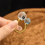 Natural Crystal Pumpkin Bead Ring Adjustable Twisted Band - Clear Quartz with Blue Topaz - floysun