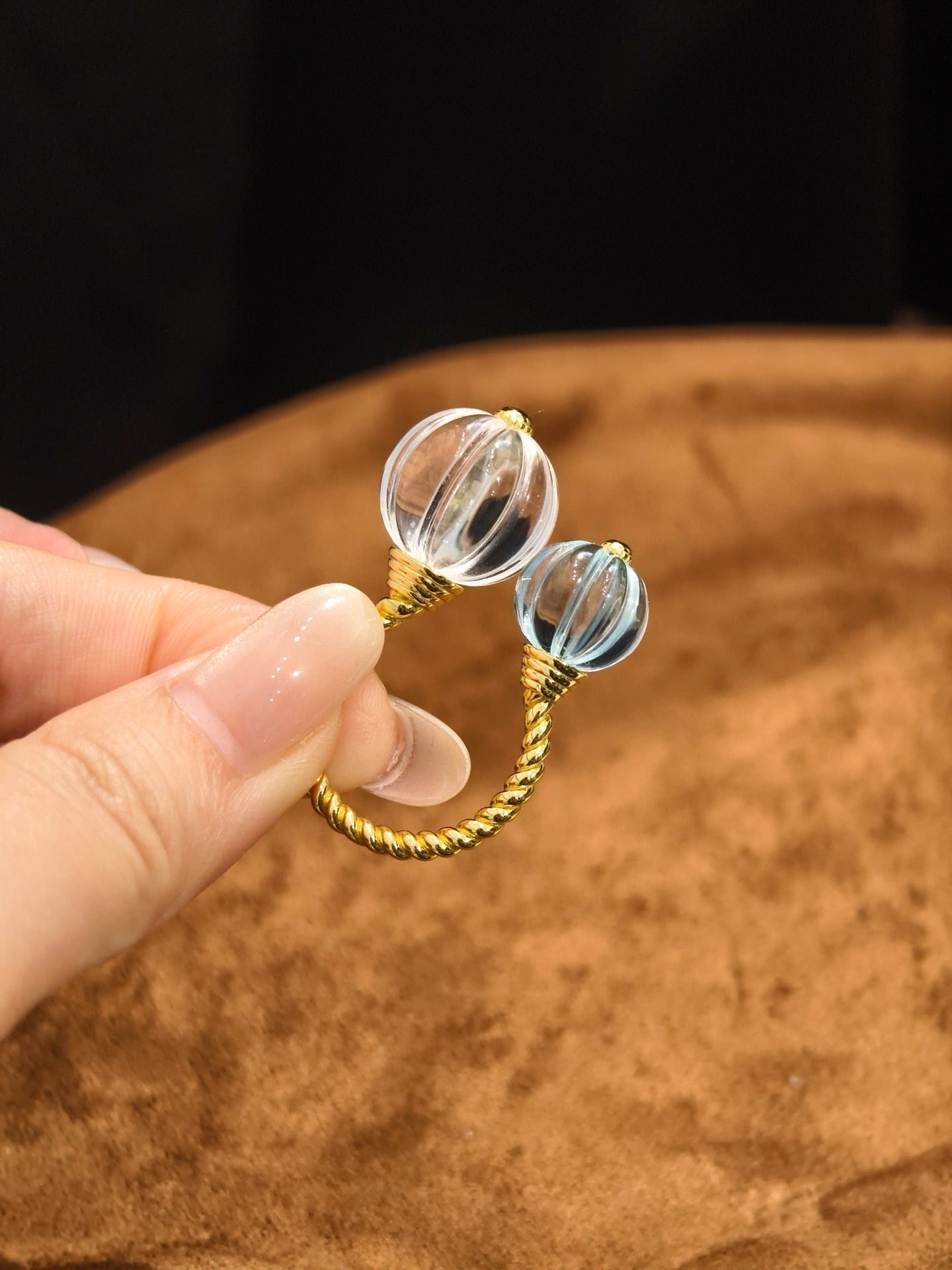 Natural Crystal Pumpkin Bead Ring Adjustable Twisted Band - Clear Quartz with Blue Topaz - floysun