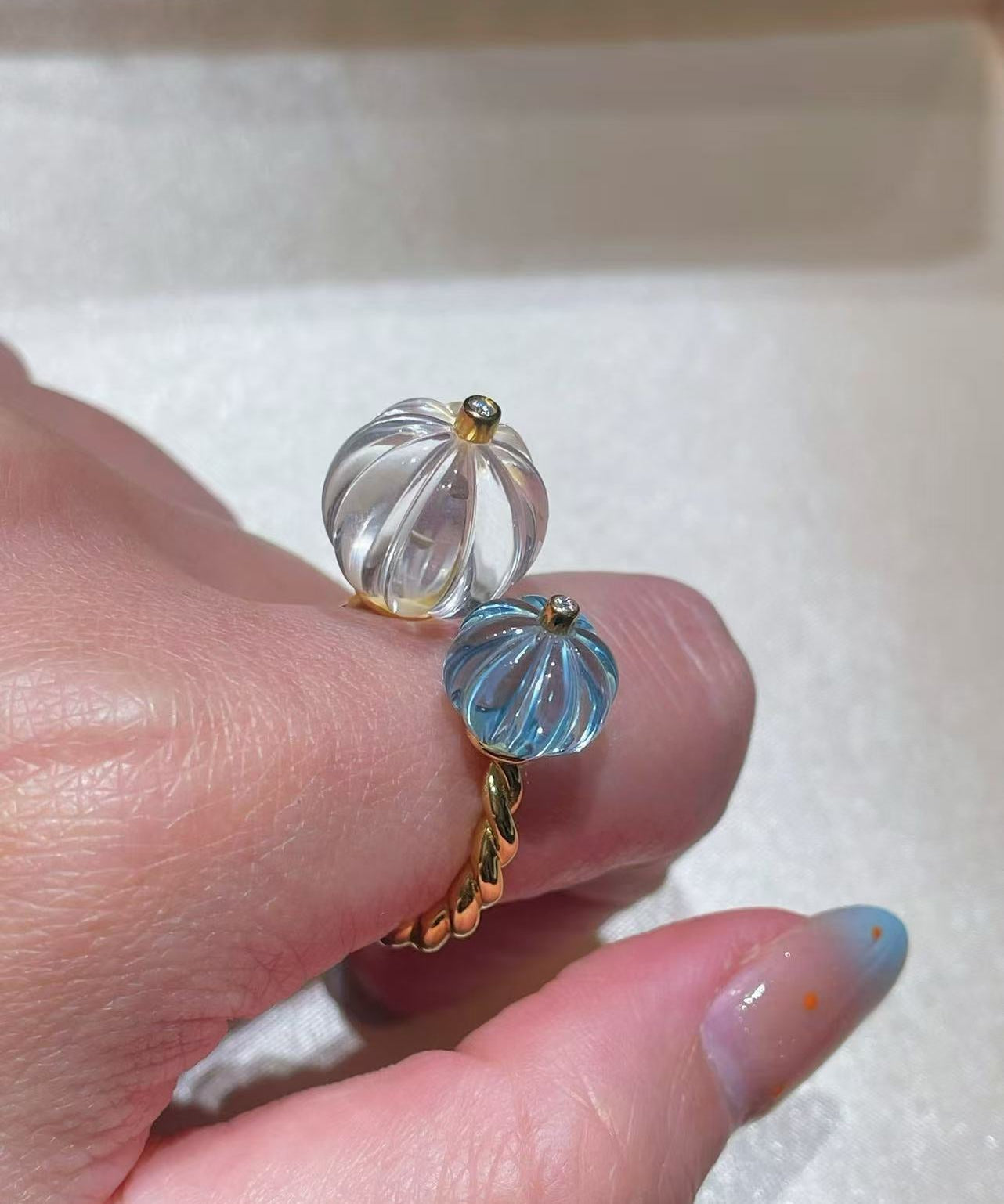 Natural Crystal Pumpkin Bead Ring — Adjustable Twisted Band - floysun