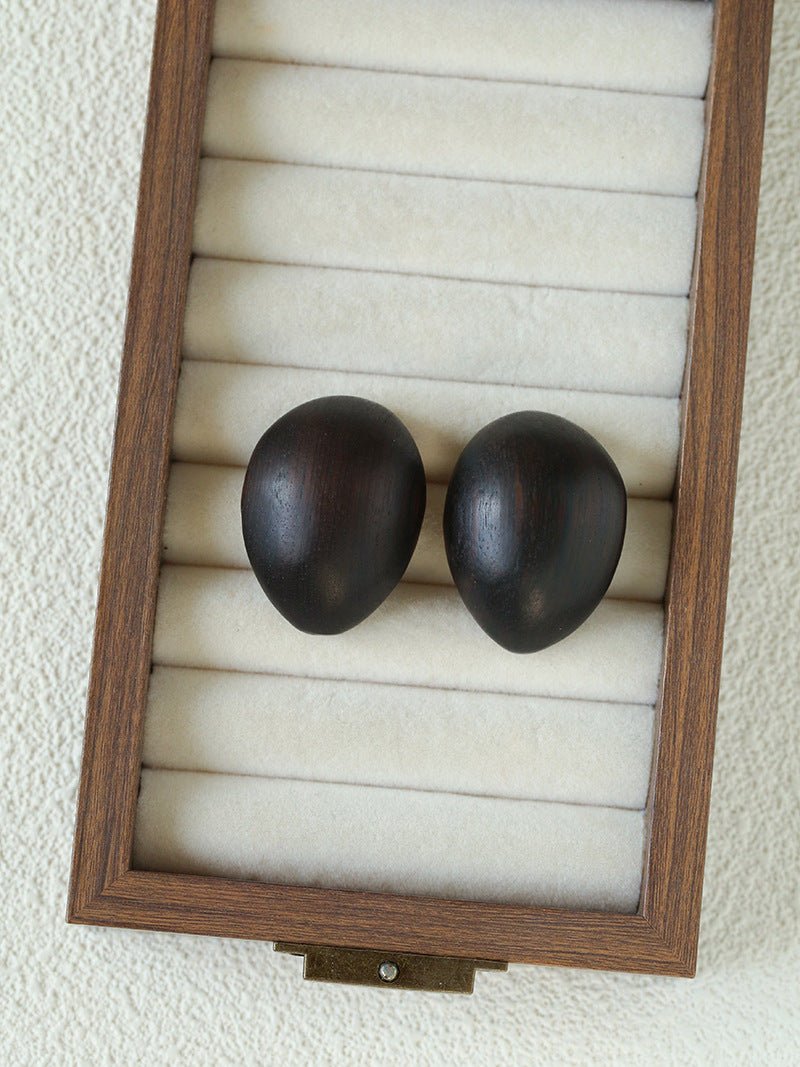 Natural Ebony Wood Sculptural Oval Statement Stud Earrings - floysun