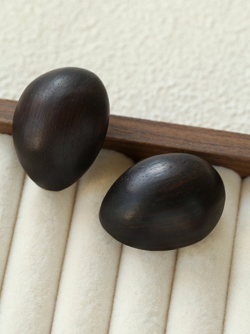 Natural Ebony Wood Sculptural Oval Statement Stud Earrings - floysun