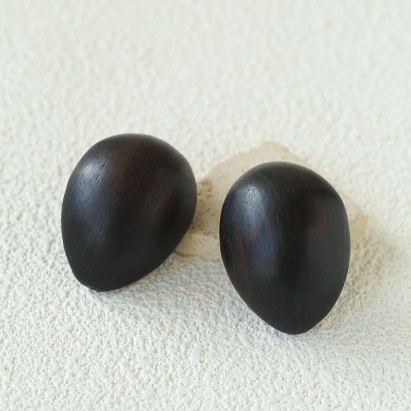Natural Ebony Wood Sculptural Oval Statement Stud Earrings - floysun