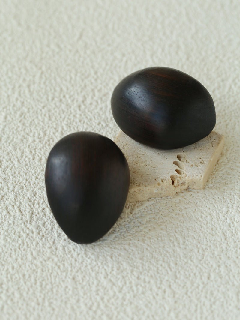 Natural Ebony Wood Sculptural Oval Statement Stud Earrings - floysun