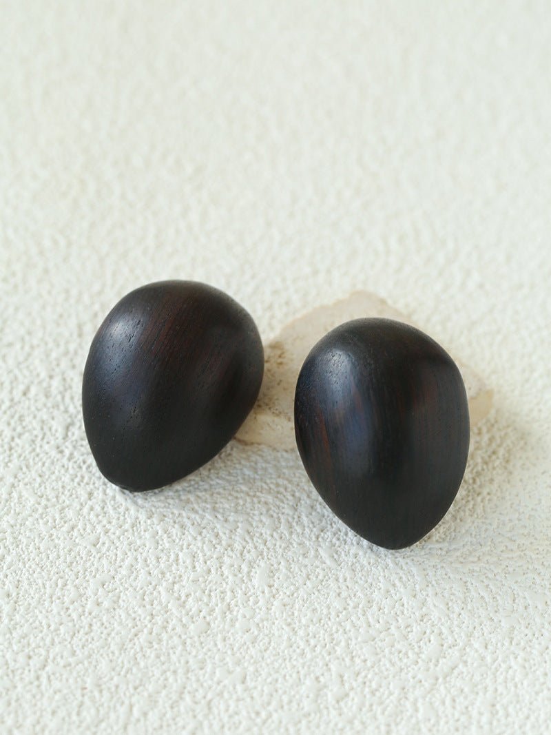 Natural Ebony Wood Sculptural Oval Statement Stud Earrings - floysun