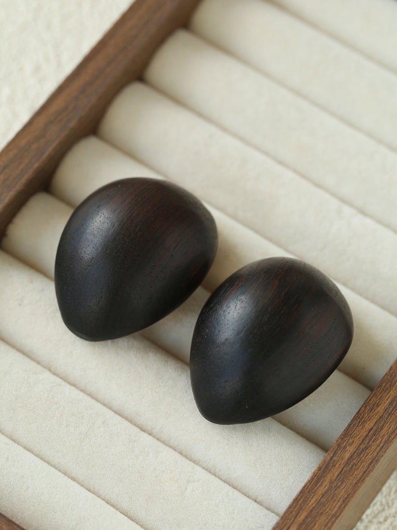 Natural Ebony Wood Sculptural Oval Statement Stud Earrings - floysun