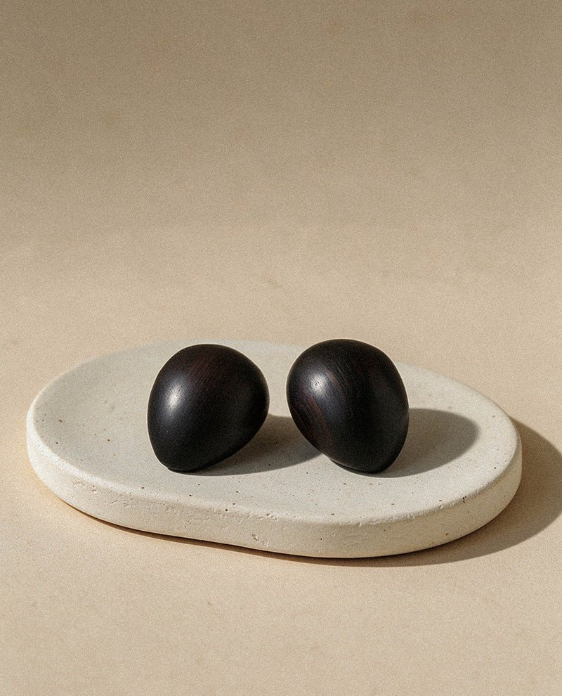 Natural Ebony Wood Sculptural Oval Statement Stud Earrings - floysun