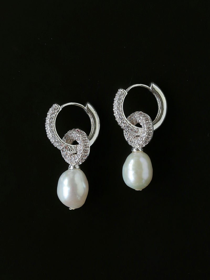 Natural Freshwater Pearl and Cubic Zirconia Interlocking Hoop Earrings - floysun