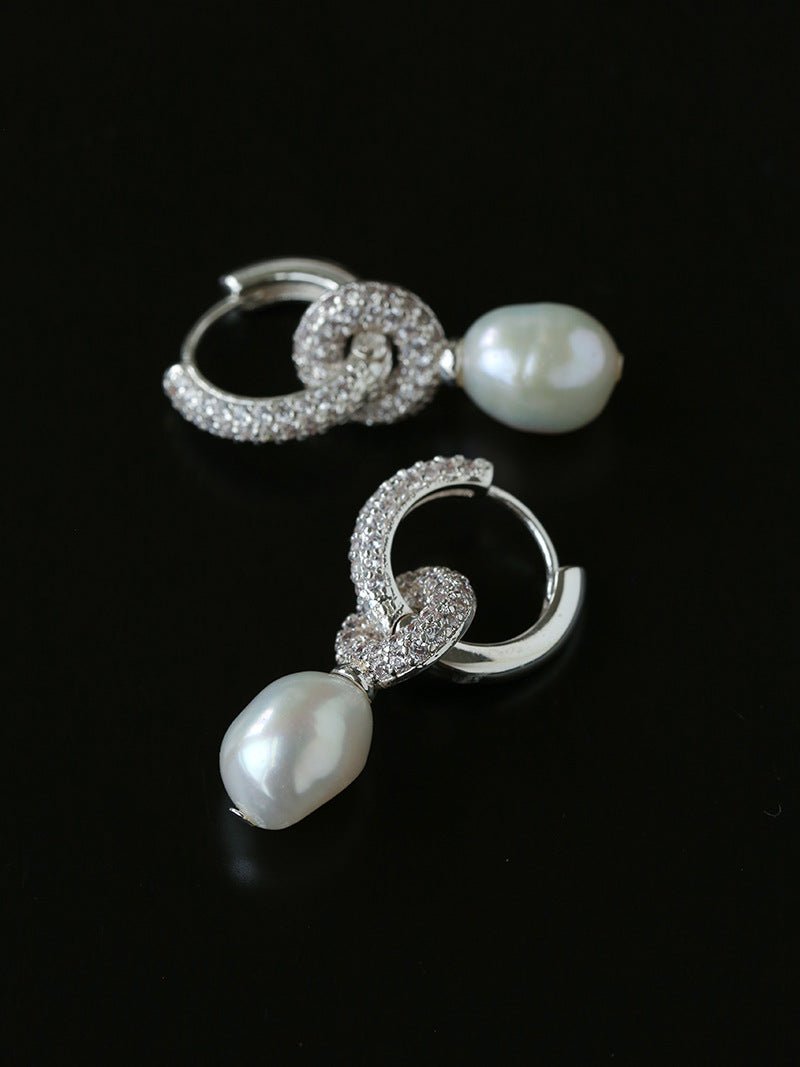 Natural Freshwater Pearl and Cubic Zirconia Interlocking Hoop Earrings - floysun