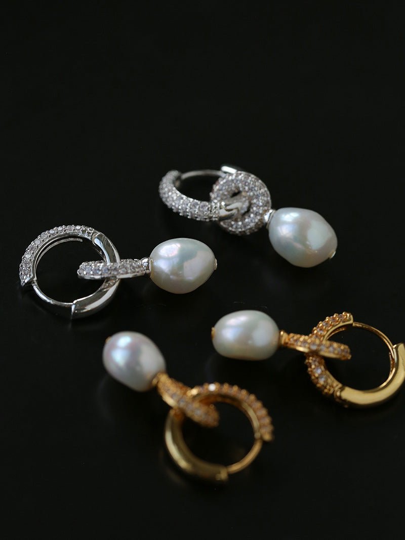 Natural Freshwater Pearl and Cubic Zirconia Interlocking Hoop Earrings - floysun