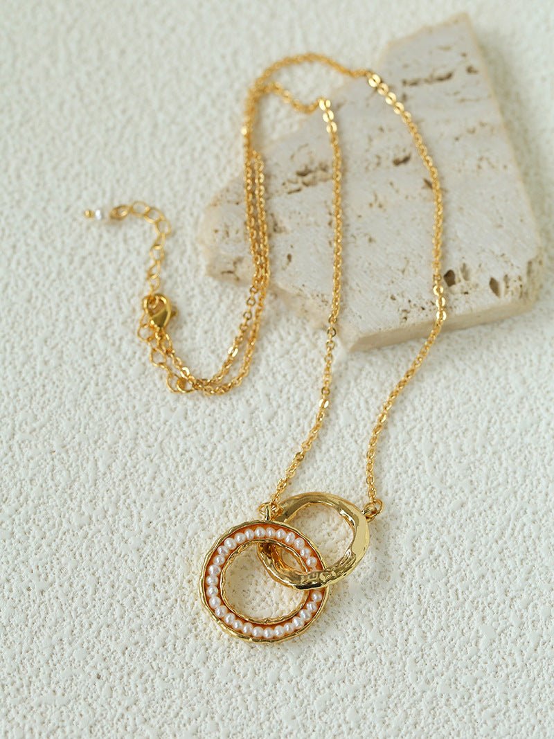 Natural Freshwater Pearl Interlocking Ring Pendant Necklace - floysun