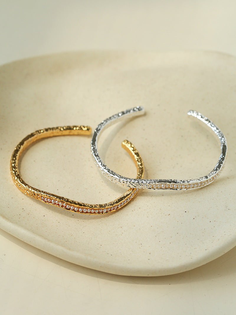 Natural Freshwater Pearl Molten Texture Open Cuff Bracelet - floysun