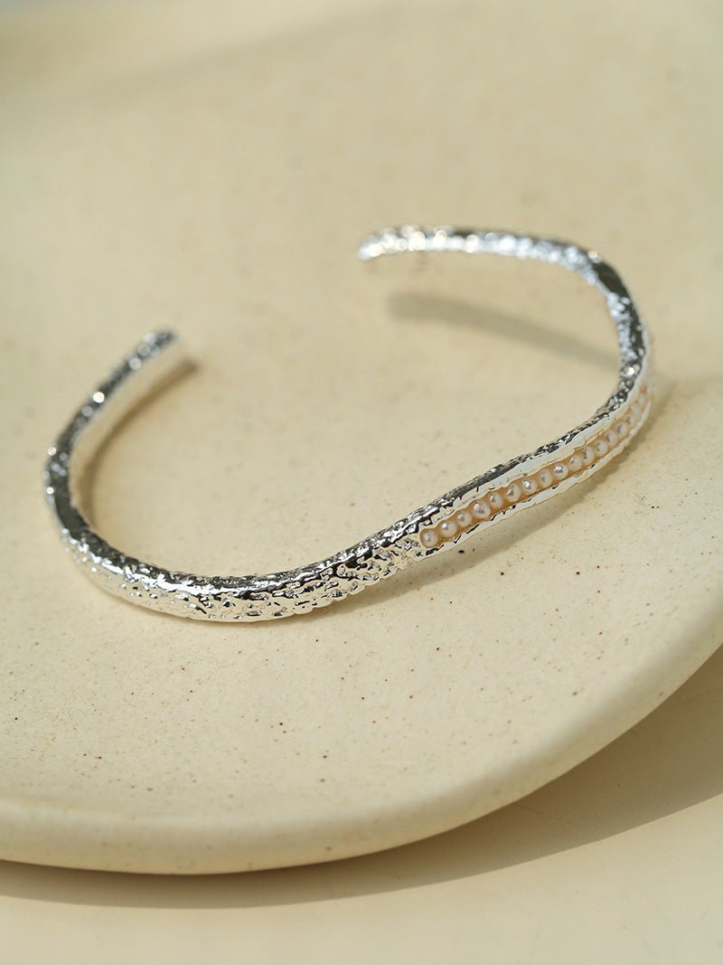 Natural Freshwater Pearl Molten Texture Open Cuff Bracelet - floysun