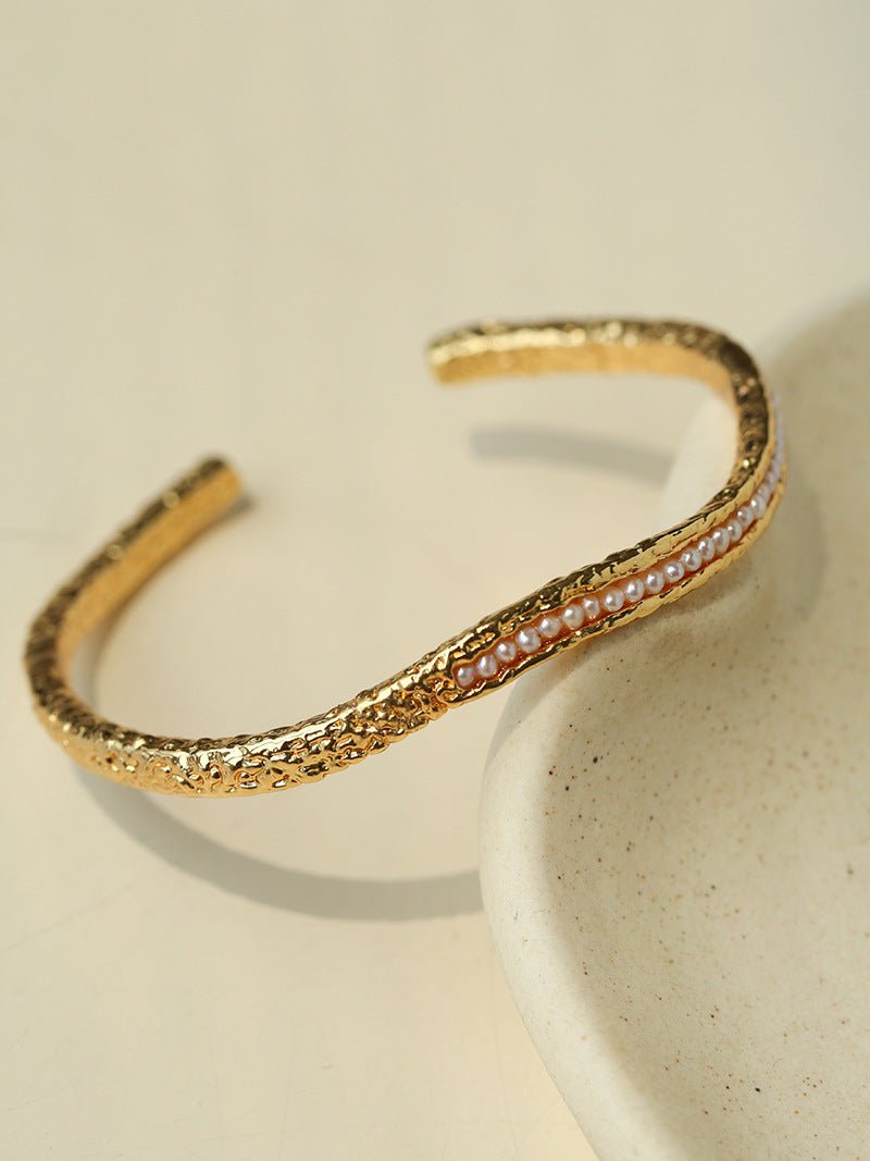 Natural Freshwater Pearl Molten Texture Open Cuff Bracelet - floysun