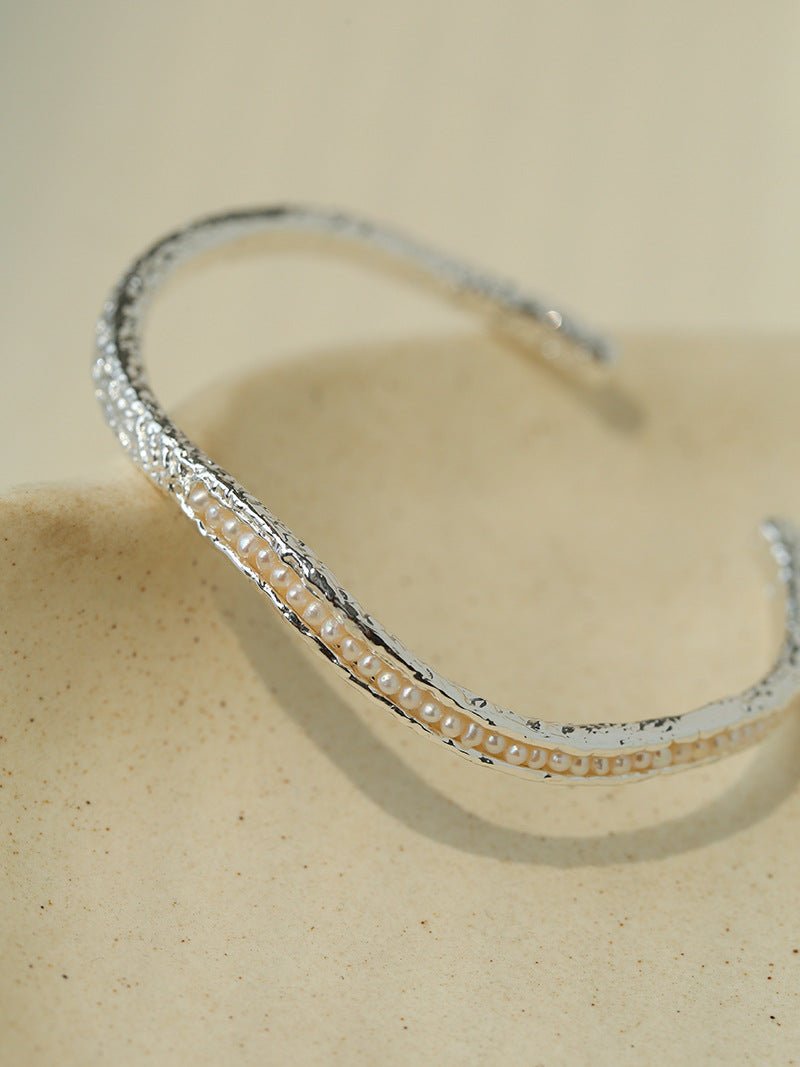 Natural Freshwater Pearl Molten Texture Open Cuff Bracelet - floysun