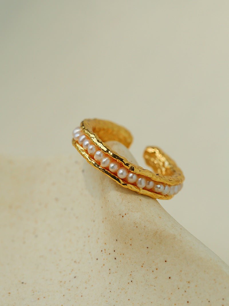Natural Freshwater Pearl Molten Texture Open Ring - floysun