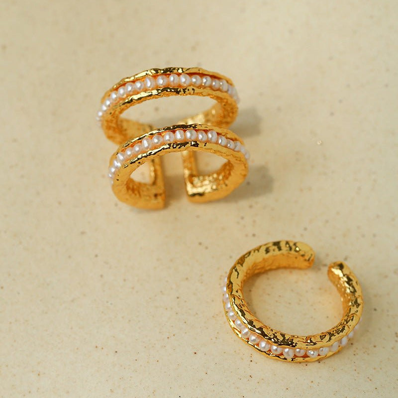 Natural Freshwater Pearl Molten Texture Open Ring - floysun
