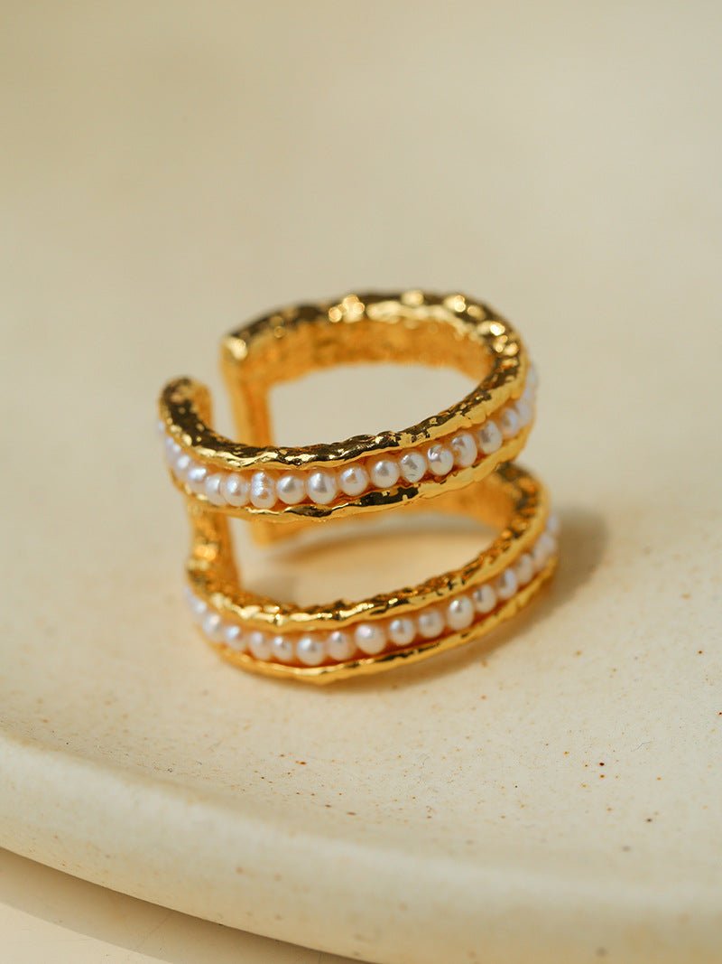 Natural Freshwater Pearl Molten Texture Open Ring - floysun