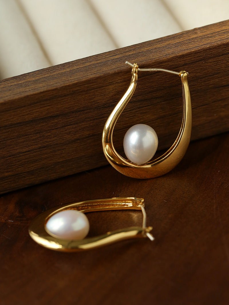 Natural Freshwater Pearl U-Shaped Hoop Earrings - floysun