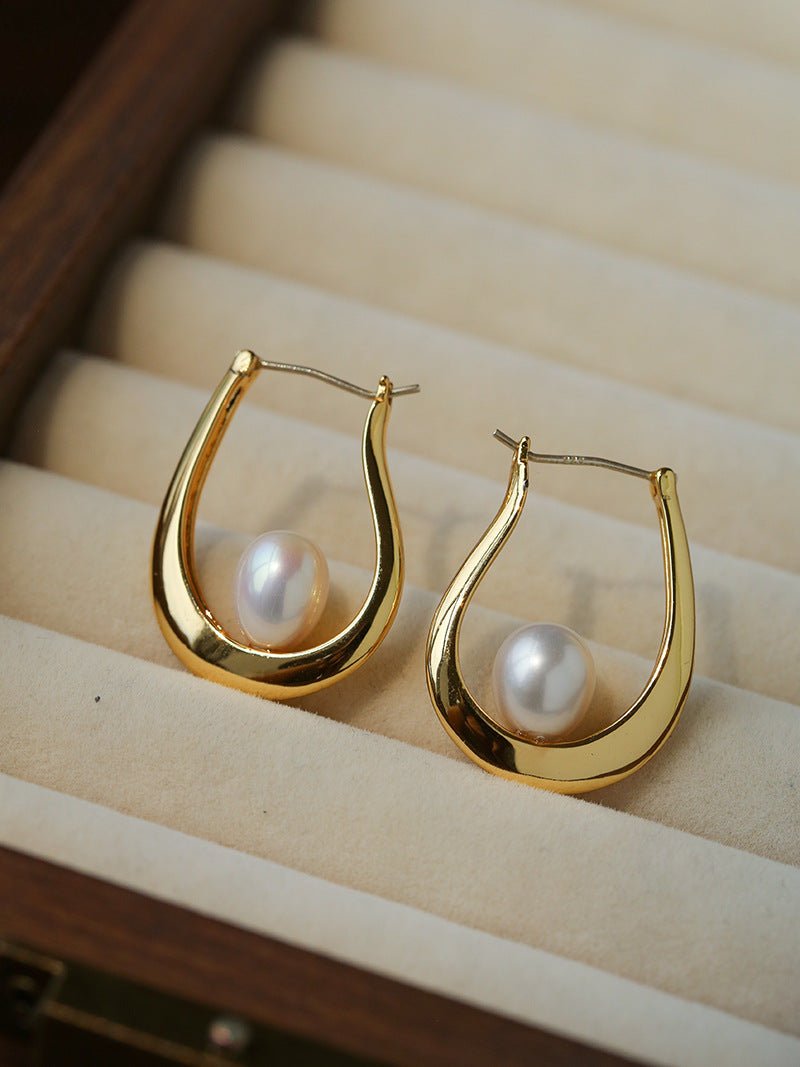 Natural Freshwater Pearl U-Shaped Hoop Earrings - floysun