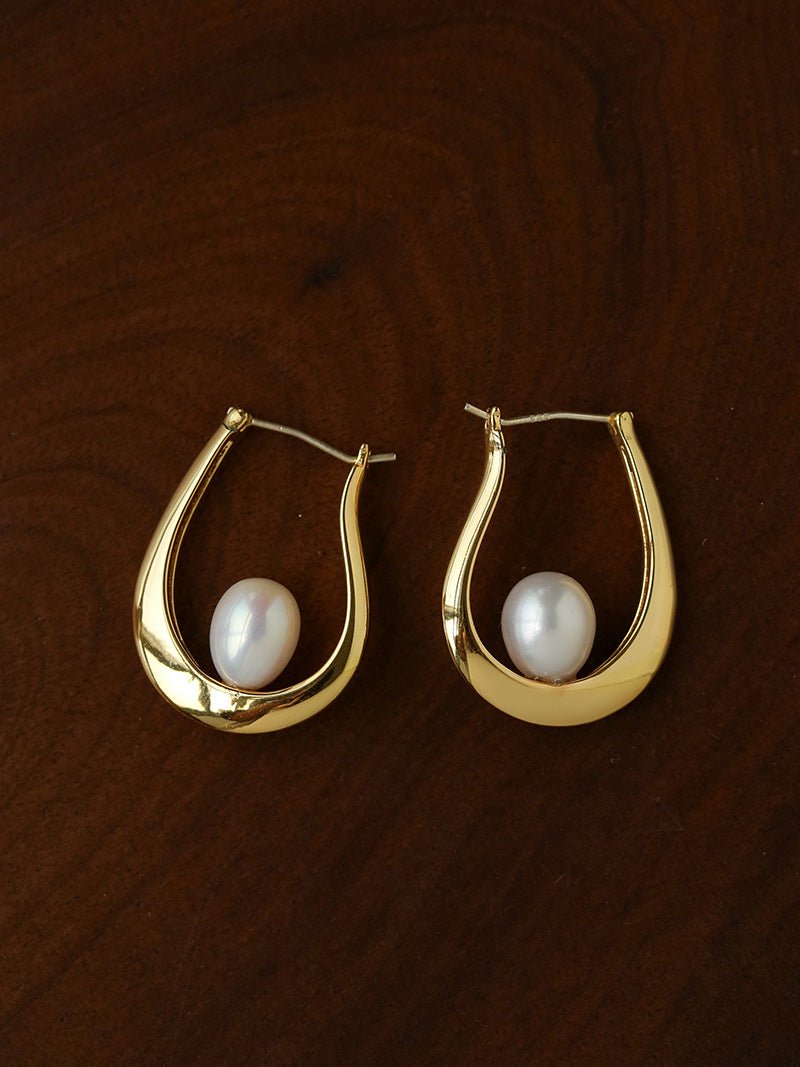Natural Freshwater Pearl U-Shaped Hoop Earrings - floysun