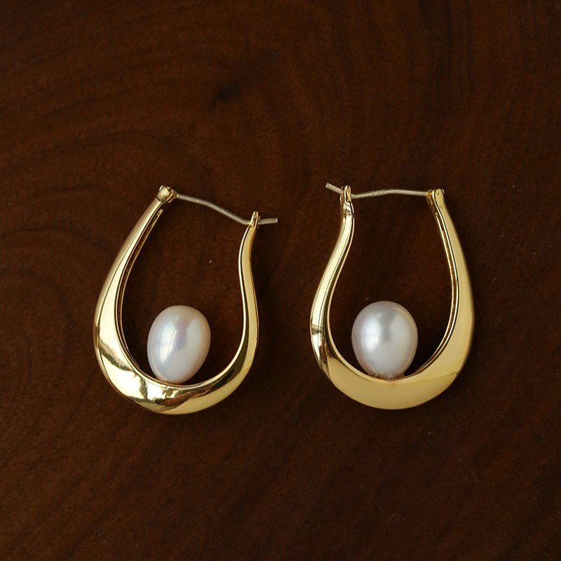 Natural Freshwater Pearl U-Shaped Hoop Earrings - floysun