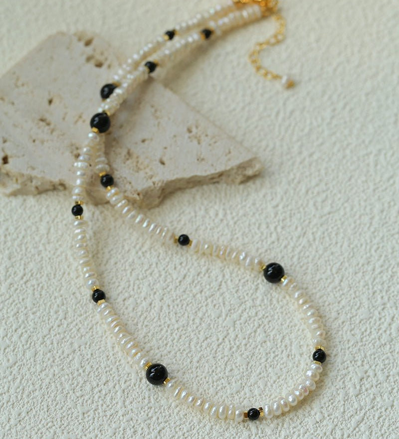Natural Irregular Pearl & Gradient Agate Necklace - Black Onyx - floysun