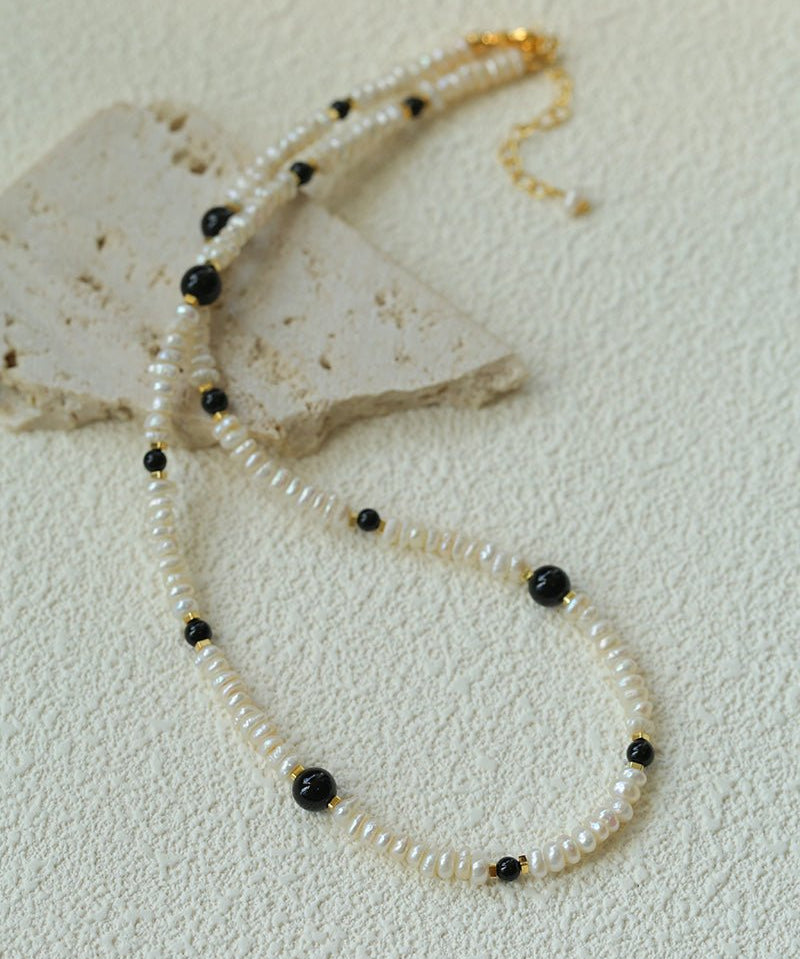 Natural Irregular Pearl & Gradient Agate Necklace - Black Onyx - floysun