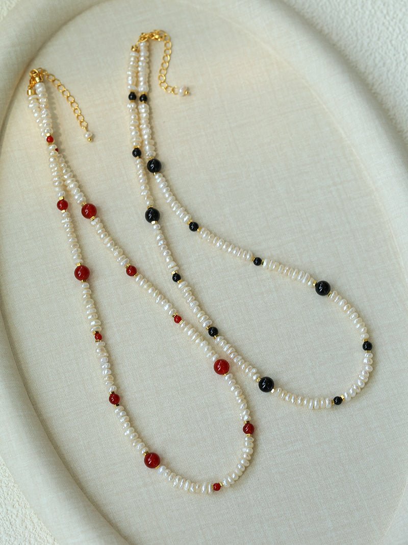 Natural Irregular Pearl & Gradient Agate Necklace - Black Onyx - floysun