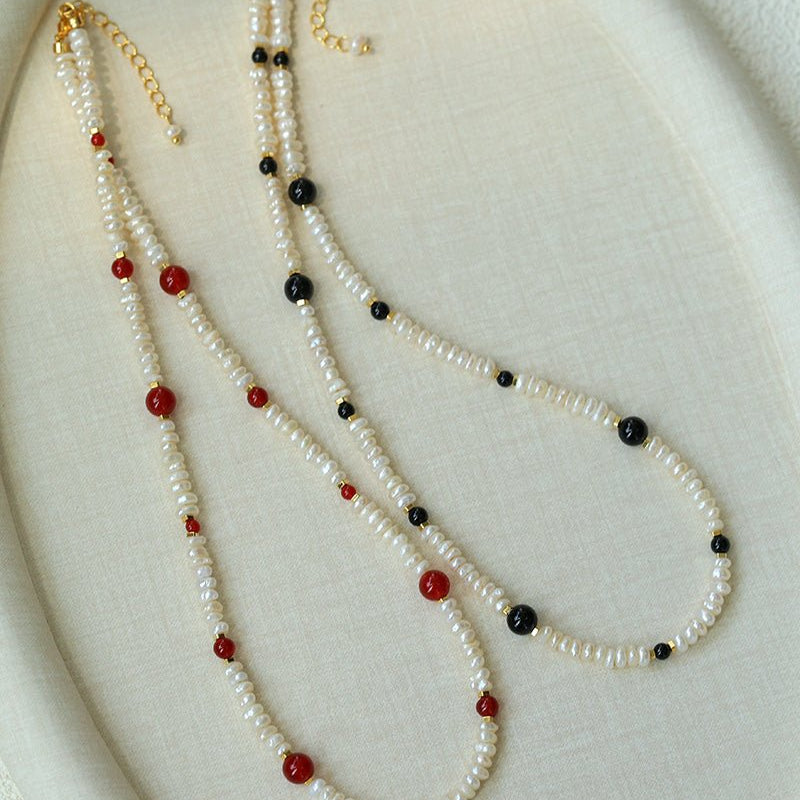 Natural Irregular Pearl & Gradient Agate Necklace - Black Onyx - floysun