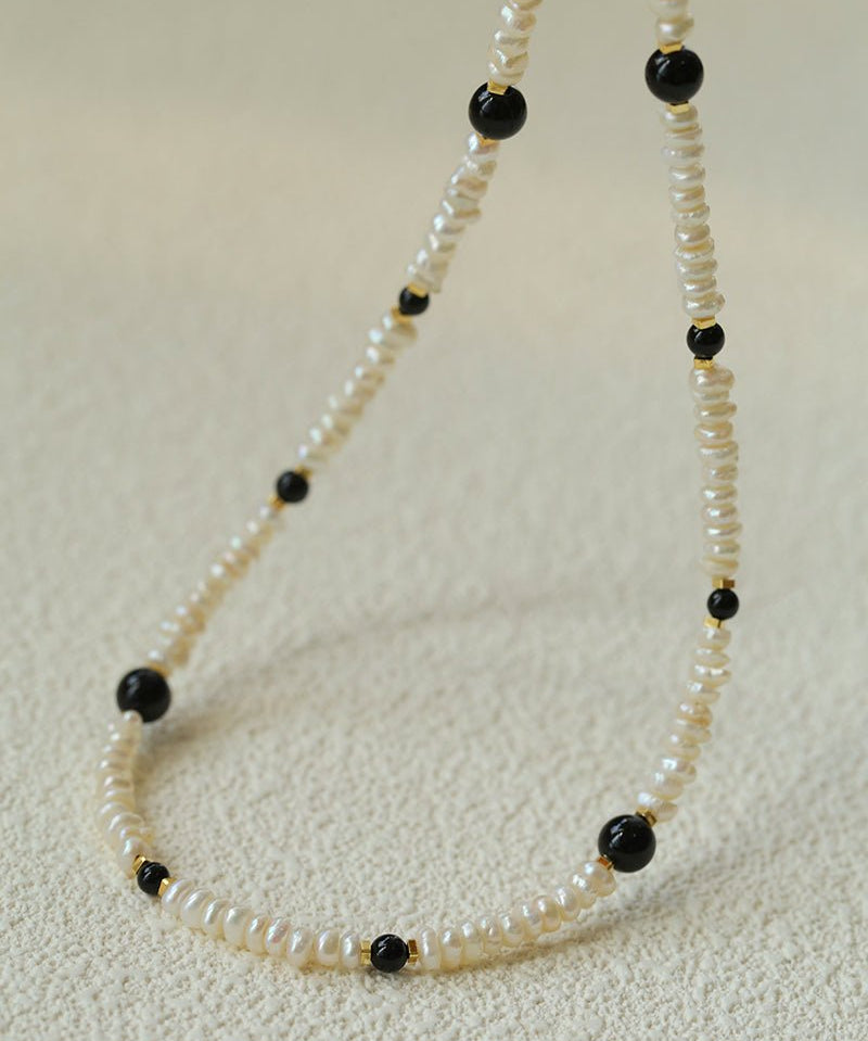 Natural Irregular Pearl & Gradient Agate Necklace - Black Onyx - floysun