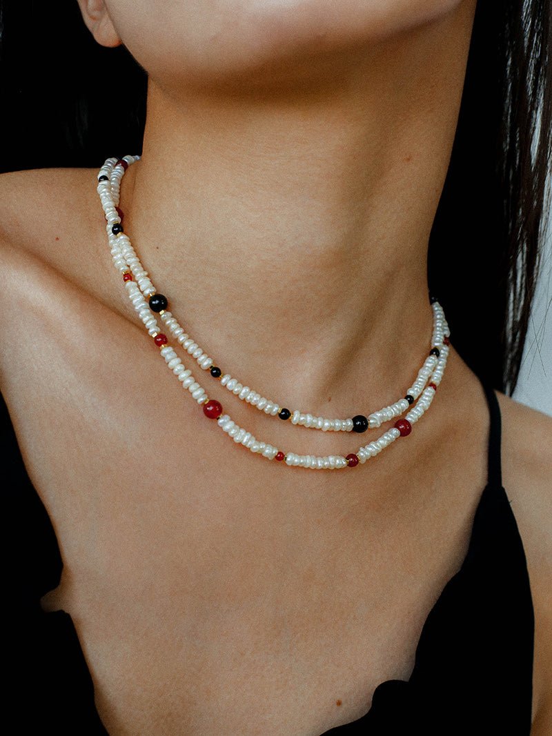 Natural Irregular Pearl & Gradient Agate Necklace - Black Onyx - floysun