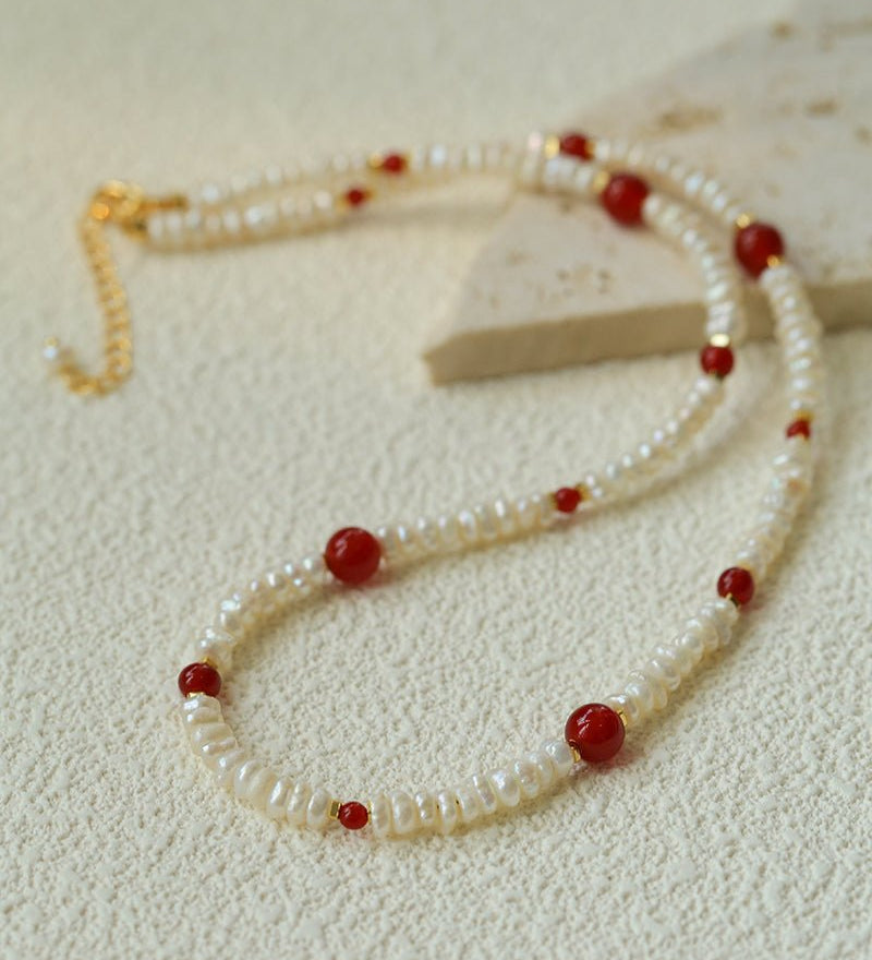 Natural Irregular Pearl & Gradient Agate Necklace - Red Agate - floysun