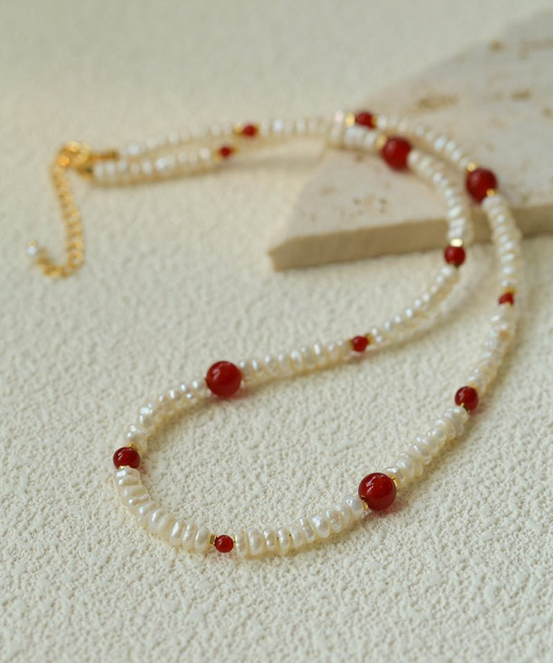 Natural Irregular Pearl & Gradient Agate Necklace - Red Agate - floysun