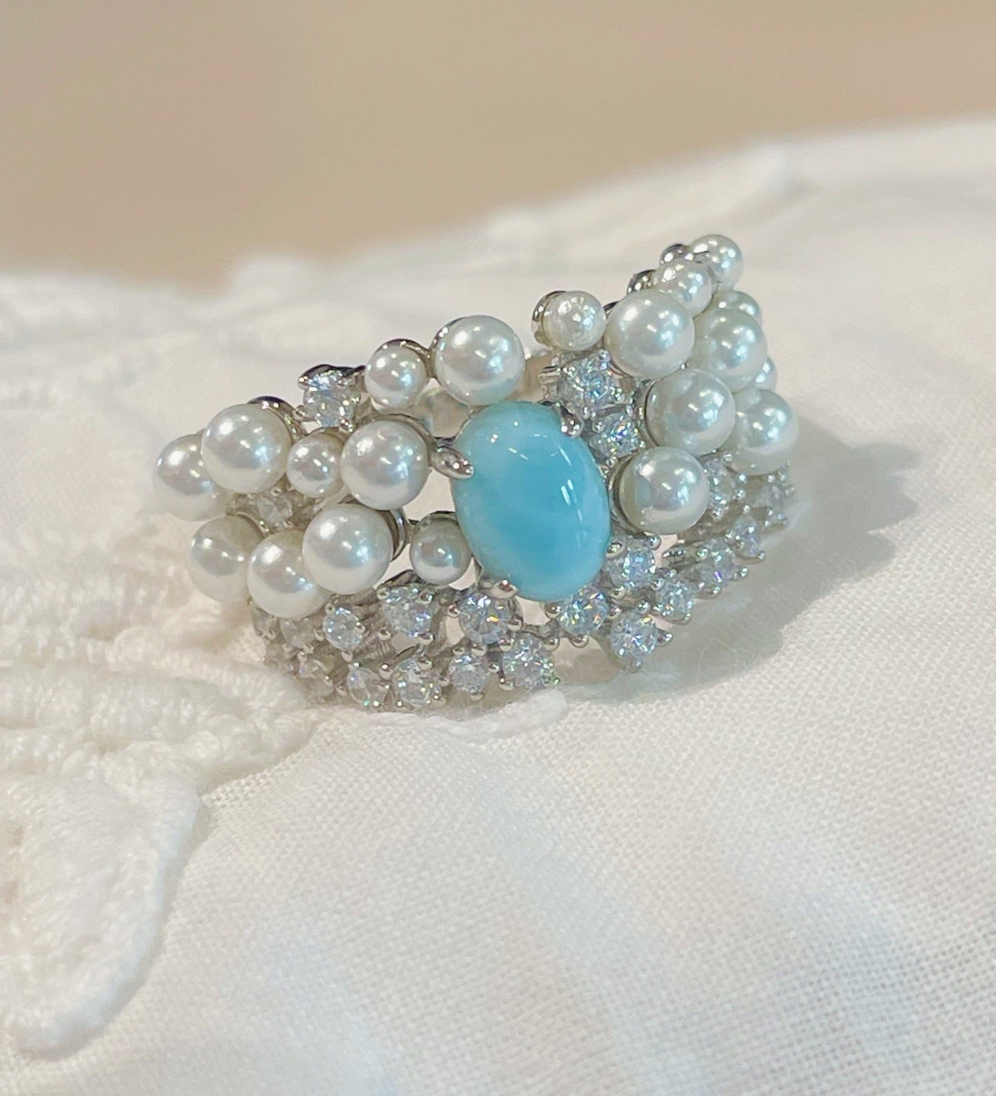 Natural Larimar & Swarovski Pearl Wide Band Ring - floysun