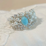 Natural Larimar & Swarovski Pearl Wide Band Ring - floysun